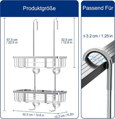 Душова полиця для підвішування, без свердління, нержавіюча сталь, 2 душові кошики, 2 гачки, 32x57см