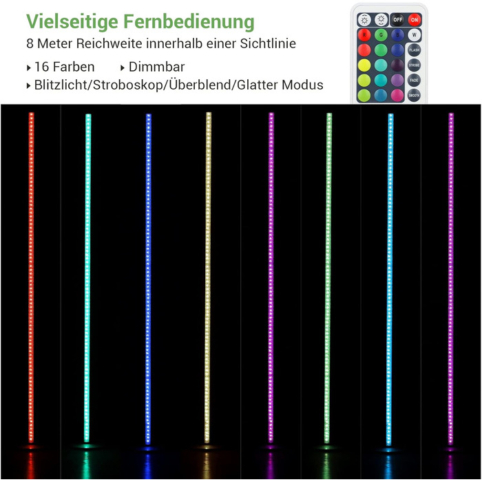 Торшер EDISHINE LED, 147 см RGB, з регулюванням яскравості, пульт дистанційного керування та ножний перемикач, 16 кольорів, 7 рівнів яскравості