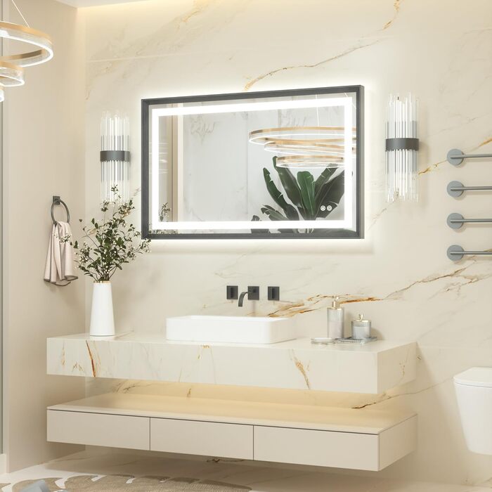 Дзеркало для ванної кімнати Keonjinn з підсвічуванням, металевий каркас 50x70 см, антизапар, LED, сенсорне керування, 3 кольори світла, диммування, пам'ять, настінне дзеркало (Чорний, 60 x 100 см)