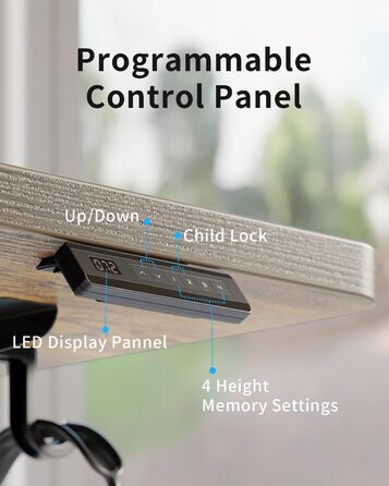 Електричний стіл CUBICUBI з регулюванням висоти, 140 x 60 см. Стельовий стіл з T-подібними ніжками зі сталі, пам'ять керування, антиколізійна система, чорний каркас/коричнева стільниця