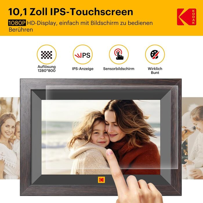 Цифровий фоторамка Kodak 10,1 дюйма WiFi, IPS Touchscreen, 32GB, Автоматичне поворотання, для кріплення на стіну, ділитися фото з будь-якого місця, коричневий (чорний каркас)