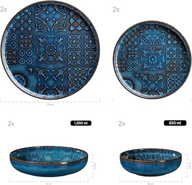 MSER 935079 Series Tiles Сучасний вінтажний набір посуду на 2 особи в мавританському дизайні Обідній сервіз з 8 предметів з тарілками та мисками з високоякісного керамічного керамограніту (скандинавська форма, синій)