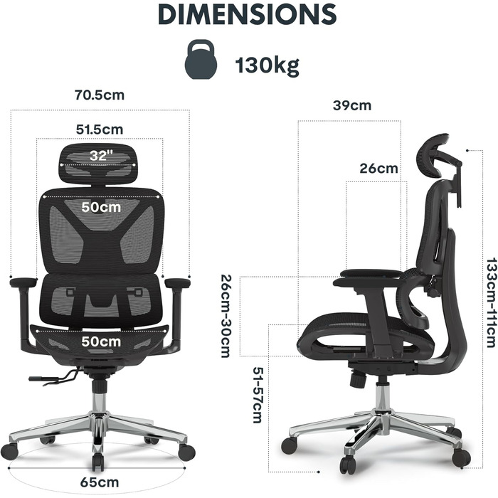 Крісло офісне ергономічне FLEXISPOT C7 Lite-Mesh, чорне, з 3D підлокітниками, 3D підголовником, 5D спинкою, до 130 кг