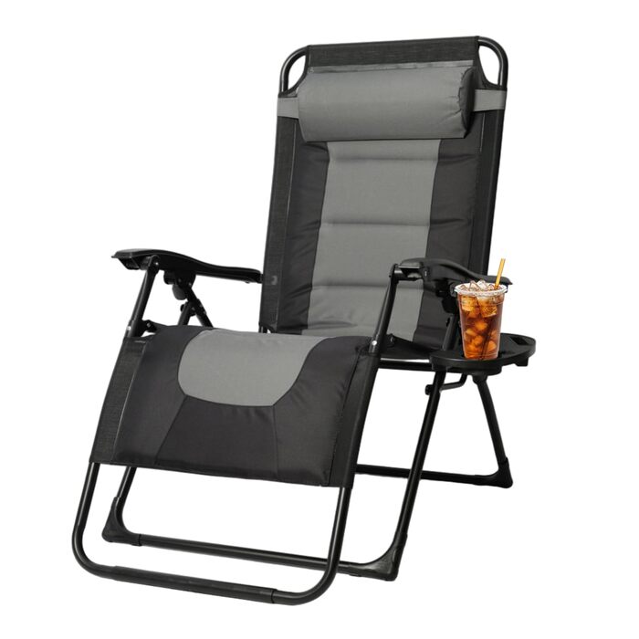 Розкішне крісло-шезлонг для саду, 72 см, з підстаканником та подушкою, сірий колір