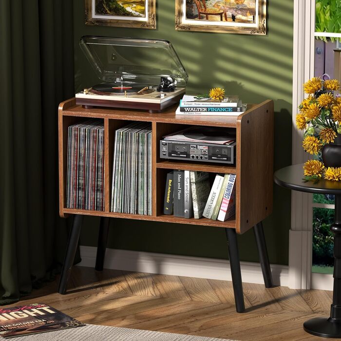 Стіл для програвача, стійка для програвача в стилі середини століття з місцем для зберігання вінілу (до 150+ платівок), шафа для вінілових платівок з регульованими полицями, дуб