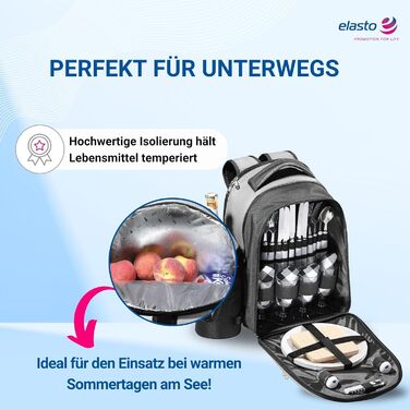 Набір для пікніка на 4 особи - 21 предмет. Водонепроникний рюкзак-холодильник Deluxe з великим відділенням для охолодження, похідний посуд та багаторазовий посуд чорного/сірого кольору