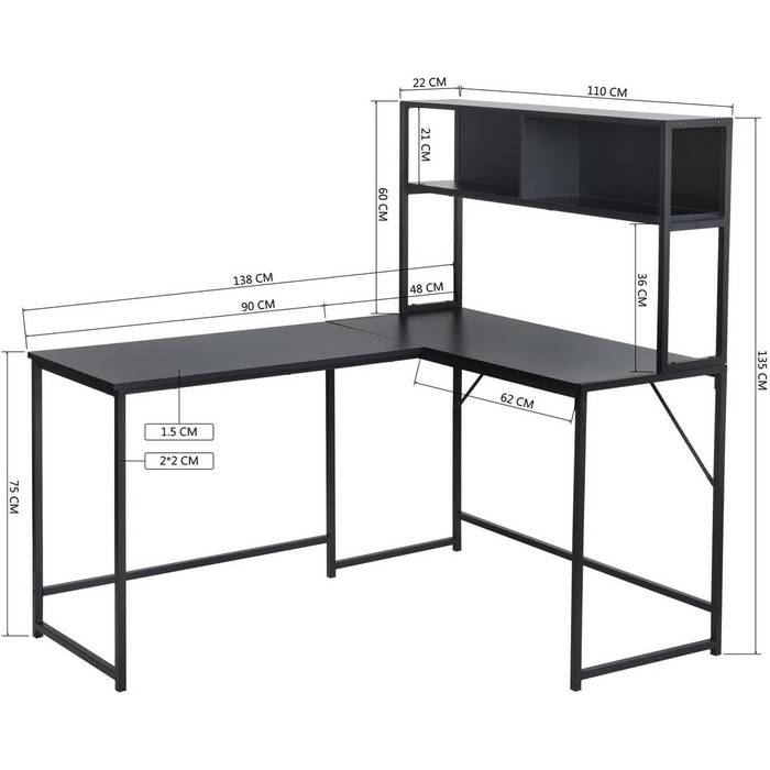 Комп'ютерний стіл Homy Casa з полицями, L-подібна форма, кутовий стіл, столик для ноутбука для дому, офісу, спальні, 138 x 110 x 74,5 см, чорний