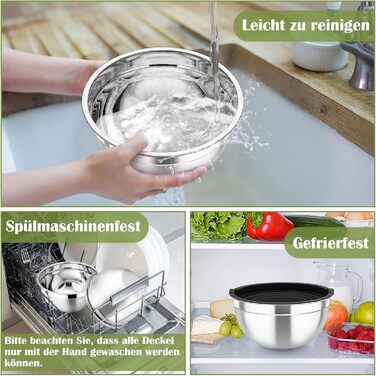 Набір салатниць TEAMFAR 6 шт. з нержавіючої сталі з кришками та силіконовими ніжками, 0,7L/1,5L/1,6L/2,5L/2,8L/4,6L, з терками, чорний