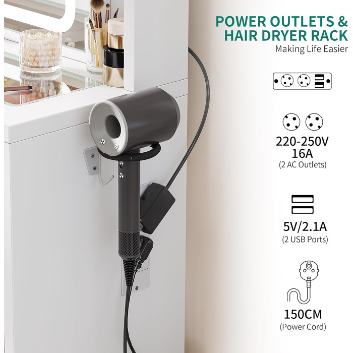 Дзеркальний туалетний столик YITAHOME з LED-підсвічуванням, білий, 115x40x134 см