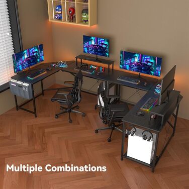 Ігровий стіл HaodaCulture 160x135 см з підставкою для монітора, 2 розетки та 2 USB-порт, кутовий, для комп'ютера, великий, 160 x 135 x 75 см
