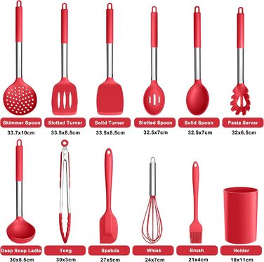 Набір кухонних аксесуарів Herogo, 12 шт. Силіконові кухонні інструменти з нержавіючою сталею, термостійкі, лопатки, ложки, шпателі з підставкою, легко миються (Червоний)