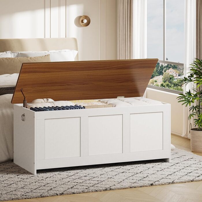 HOOBRO Лавка з ящиком для іграшок, 100 см, білий + натуральне дерево, з безпечним шарніром, для передпокою