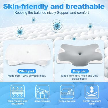 Ортопедична подушка для шиї LNZHAO з Memory Foam - для сну на боці, спині, животі - для зняття болю в шиї та плечах (сіра)