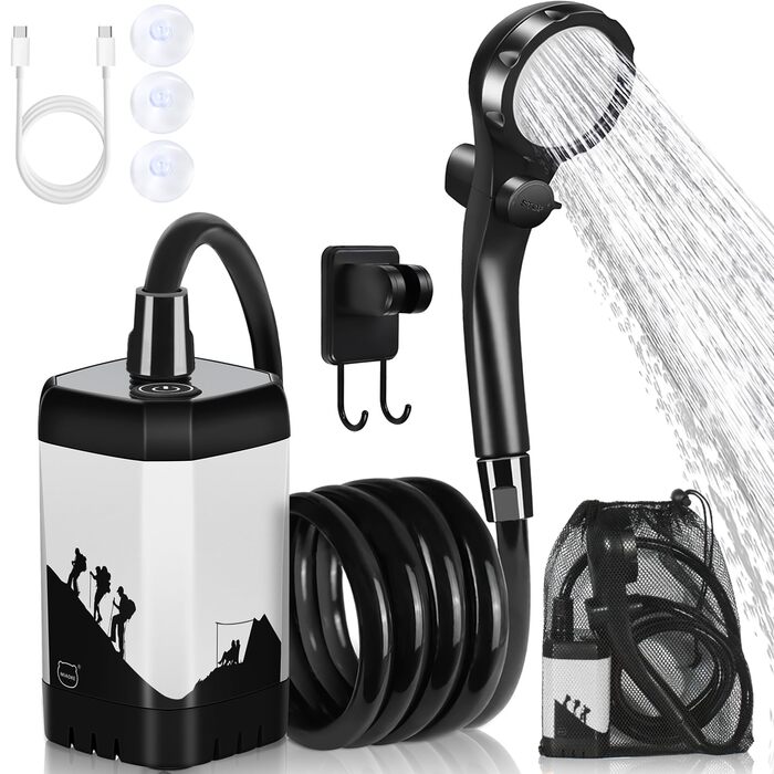 Електричний душ для кемпінгу MIAOKE 7800 mAh з цифровим дисплеєм та термоіндикатором, портативний акумуляторний душ для туризму, подорожей (білий)