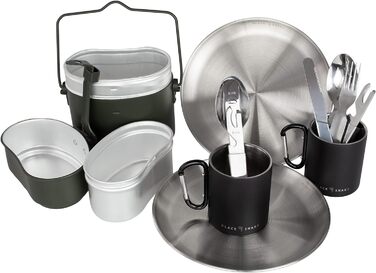Посуд Black Snake з плоскими кемпінговими пластинами з нержавіючої сталі та столовими приборами, а також чашка з гачком для омарів (набір, 2 персони)