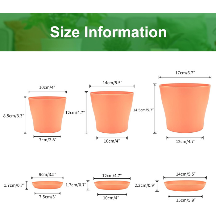 KINGLAKE Набір горщиків для квітів 8 шт., 17 см, пластик з підставкою, для квітів, сукулентів, кактусів, кольорові