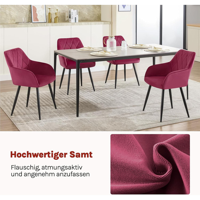WOLTU Набір з 2 кухонних стільців з підлокітниками, для вітальні, кухні, їдальні. М'які стільці з оксамитовим покриттям, металеві ніжки, Бордовий колір