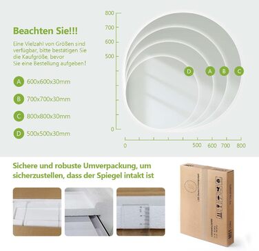 Круглий дзеркало для ванної кімнати з підсвічуванням S'AFIELINA 60 см LED з сенсорним вимикачем, 3 кольори світла (теплий, нейтральний, холодний), регулювання яскравості, 60x60 см