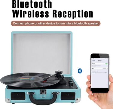 Вініловий програвач Bluetooth, ретро-плеєр 3 швидкості 33/45/78 об/хв, стерео динаміки, RCA та AUX, небесно-блакитний