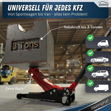 Гідравлічний домкрат Tarpofix® для легкових авто та SUV (3т, 85-475мм), низькопрофільний, подвійний циліндр, червоний