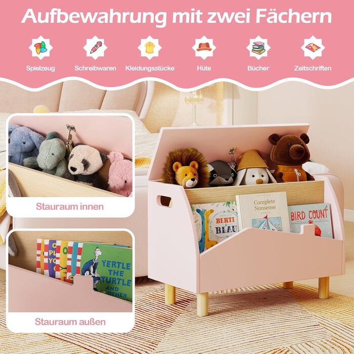 COSTWAY Скринька для іграшок з полицями, дерев'яна іграшковий ящик з кришкою, органайзер для дитячих іграшок, комод для іграшок в дитячу кімнату, 60x30x44 см (Білий, Рожевий)