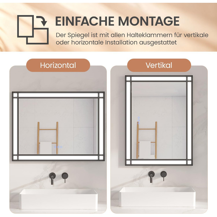 Дзеркало для ванної кімнати AQUABATOS LED з підсвічуванням 50x70 см, імітація вікна, сенсорне регулювання, регулювання яскравості, холодний білий, протизапотівання, чорний алюмінієвий каркас, декор у індустріальному стилі