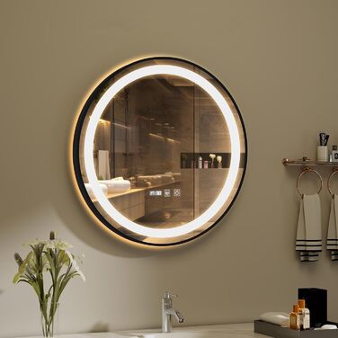 Дзеркало для ванної кімнати YOURLITE з підсвічуванням, 60 см, кругле, LED, 3 кольори, регулювання яскравості, сенсорний вимикач, антизапарник, пам'ять, IP44, чорний