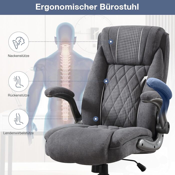 Ергономічне крісло для офісу 180 кг, комп'ютерне крісло з високою спинкою та широкою сидінням, регульовані підлокітники, для офісу, дому, геймінгу, сірий (без масажу)