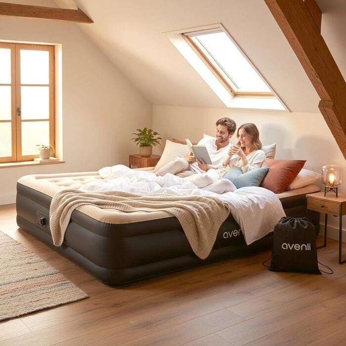 Надувний матрац-ліжко AVENLI для 2 осіб, 203x157x47 см з вбудованим насосом, флаокована поверхня, для кемпінгу та дому
