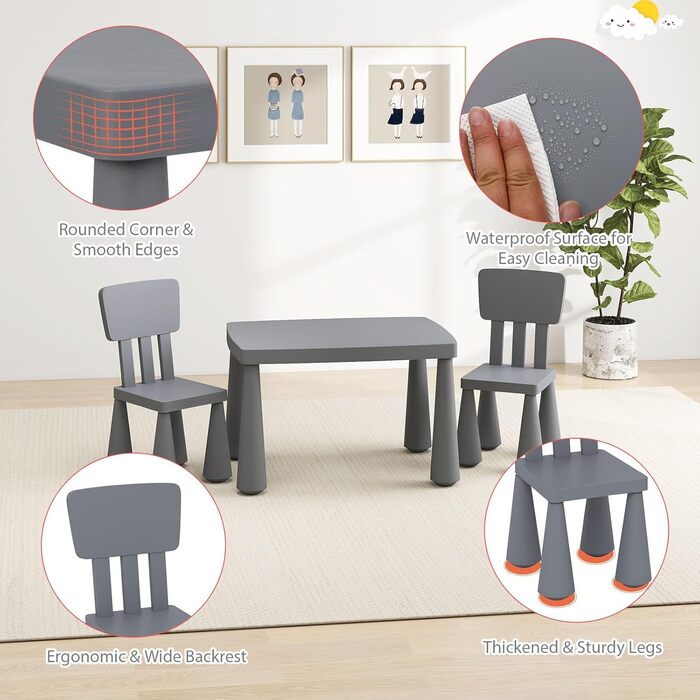 Дитячий стіл LIFEZEAL з 2 стільцями: набір меблів для дітей з пластику сірого кольору