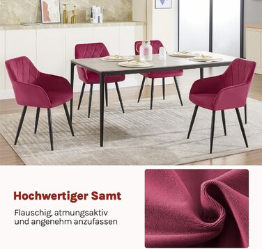 WOLTU Набір з 2 кухонних стільців з підлокітниками, для вітальні, кухні, їдальні. М'які стільці з оксамитовим покриттям, металеві ніжки, Бордовий колір