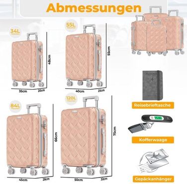 Набір дорожніх валіз KESSER з ABS-пластику, 4 предмети: жорсткі валізи з кодовим замком, вагами та дорожньою сумкою, колеса 360°, ручний багаж та великі валізи для бізнесу та подорожей (Nude Grey)