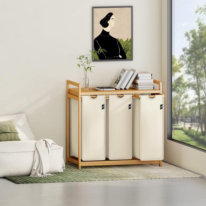 Кошик для білизни AdelDream 150L з 3 відділеннями, висувні полиці та знімний мішок для білизни, бамбуковий каркас, бежевий