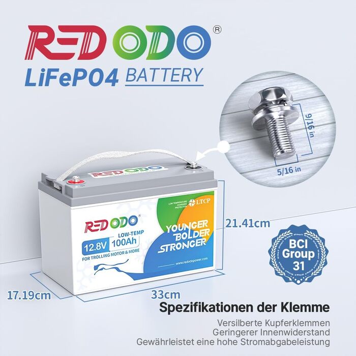 Акумулятор Redodo 12V 100Ah Plus LiFePO4 з BMS 100A, вихідною потужністю 2560 Вт, 4000 циклів для автофургону, сонячної батареї, човна