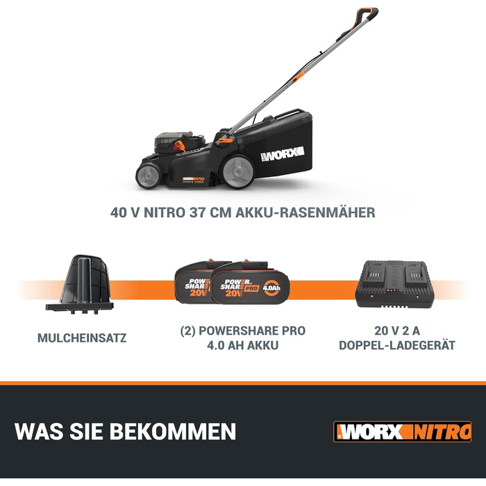 WORX WG737E акумуляторний газонокосарка Nitro 40V (2x20V) - безщітковий двигун, ширина зрізу 37 см, 6 рівнів висоти зрізу (20-70 мм), 40л травозбірник, 2x4Ah акумулятори та подвійний зарядний пристрій, без приводного колеса