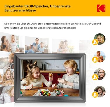 Цифровий фоторамка Kodak WiFi, 10.1 дюйма, HD IPS сенсорний екран, 32GB, автоматичне обертання, WiFi, для стін, чорний
