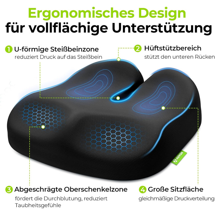 Ортопедична подушка для сидіння AUVON з підтримкою стегон, ергономічна для офісного та автомобільного крісла - підвищує комфорт, покращує кровообіг, знімає навантаження з куприка