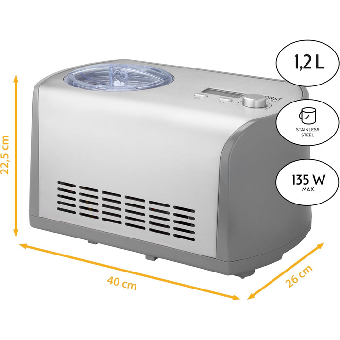 Машина для виробництва морозива TZS First Austria з компресором, контейнер з нержавіючої сталі 1,2 л, кришка, що відкривається для інгредієнтів