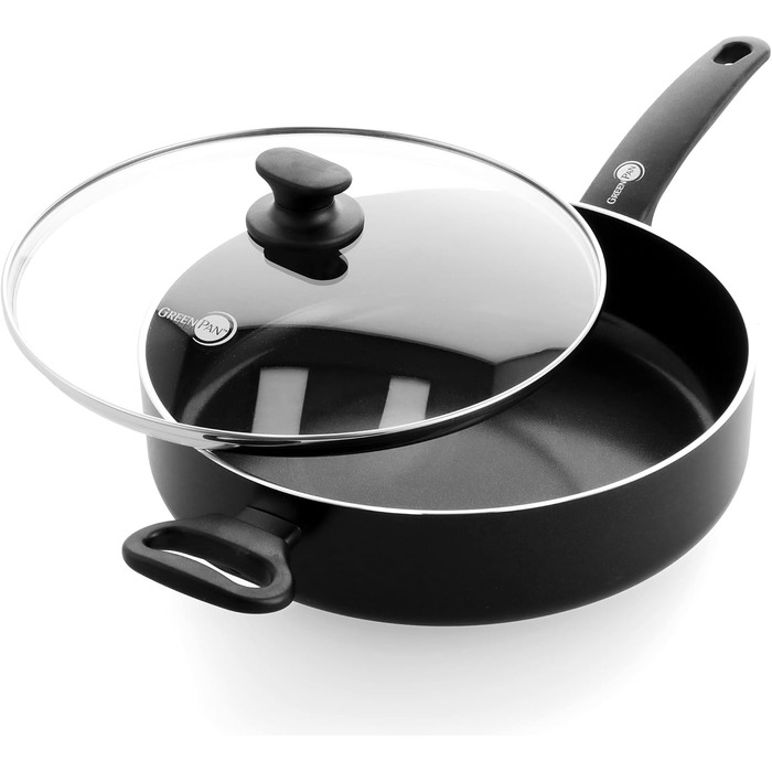GreenPan Cambridge сковорода для тушкування з кришкою (24 см, 3,1 л), керамічне антипригарне покриття, без PFAS, для індукційних плит, придатна для миття в посудомийній машині, чорна