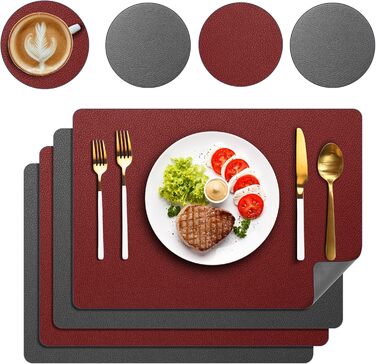 Набори підставки під тарілки, 6 шт, ефект шкіри, миючі, 43x30 см (червоний/сірий)