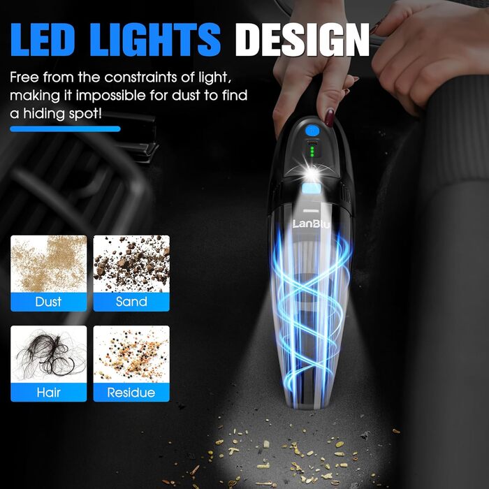 Акумуляторний ручний пилосос LanBlu для авто та дому, 25000Па, 120Вт, з LED-підсвіткою, зарядною станцією та мийним HEPA-фільтром, для вологого та сухого прибирання