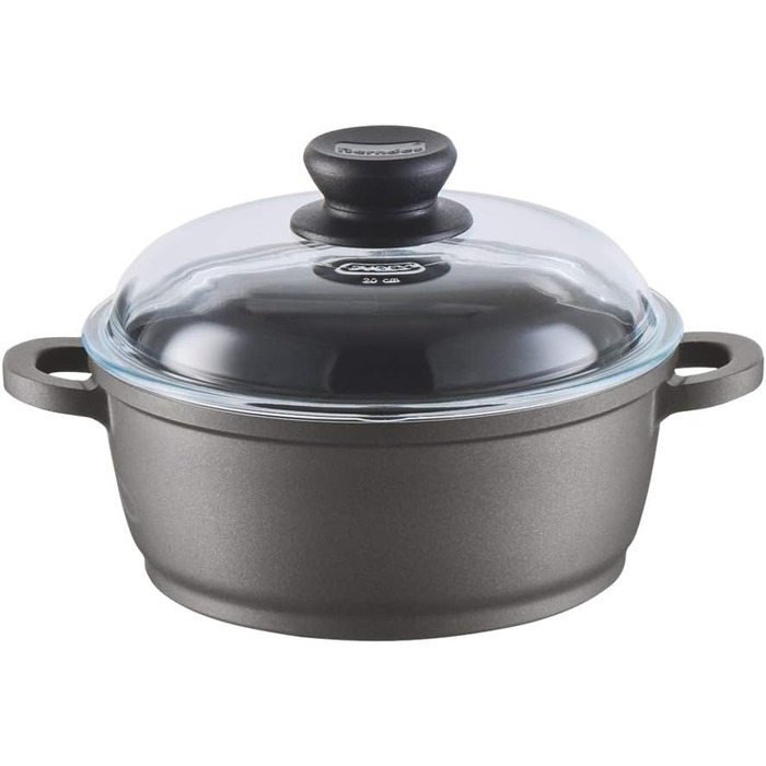 Каструля Berndes Bonanza з кришкою з термостійкого скла, силіконовими ручками, алюмінієвим литтям, антипригарним покриттям, 2.3 л, чорна (20 см, для індукційних плит)