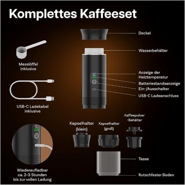 Портативна кавомашина MMOBIEL: електрична еспресо-машина з підігрівом, USB-C, для кави в зернах та капсул – ідеальна для подорожей, кемпінгу, дому, офісу, авто (чорний)