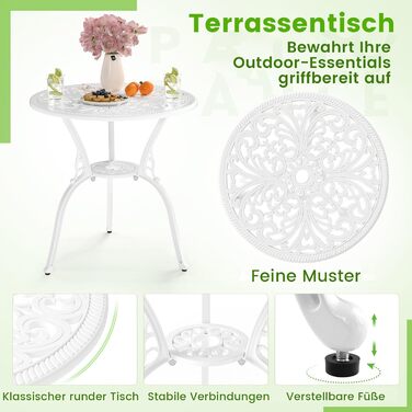 Бistroset COSTWAY: стіл з 2 стільцями, отвір для парасольки, садові меблі з алюмінію та чавуну, білий (Blume)