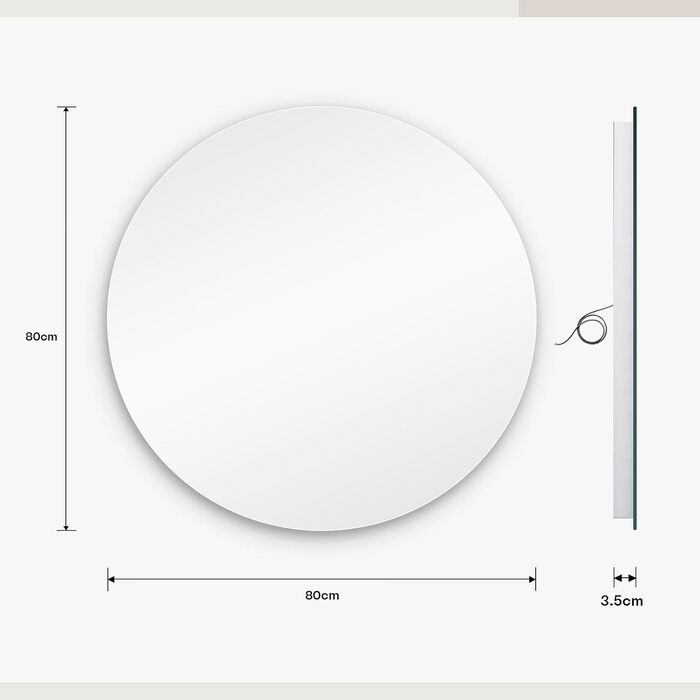 Дзеркало для ванної кімнати Dripex LED з підсвічуванням, кругле, сенсорне управління, регулювання яскравості, 3 кольори світла, запобігання запотіванню, 80x80 см