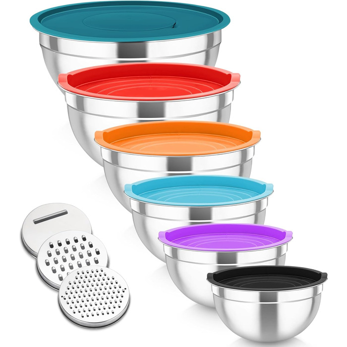 Набір салатниць TEAMFAR 6 шт. з нержавіючої сталі з кришками та силіконовим дном, багатофункціональний, для миття в посудомийній машині, 0,7Л / 1,5Л / 1,6Л / 2,5Л / 2,8Л / 4,6Л (Кольоровий, з 3 тертками)