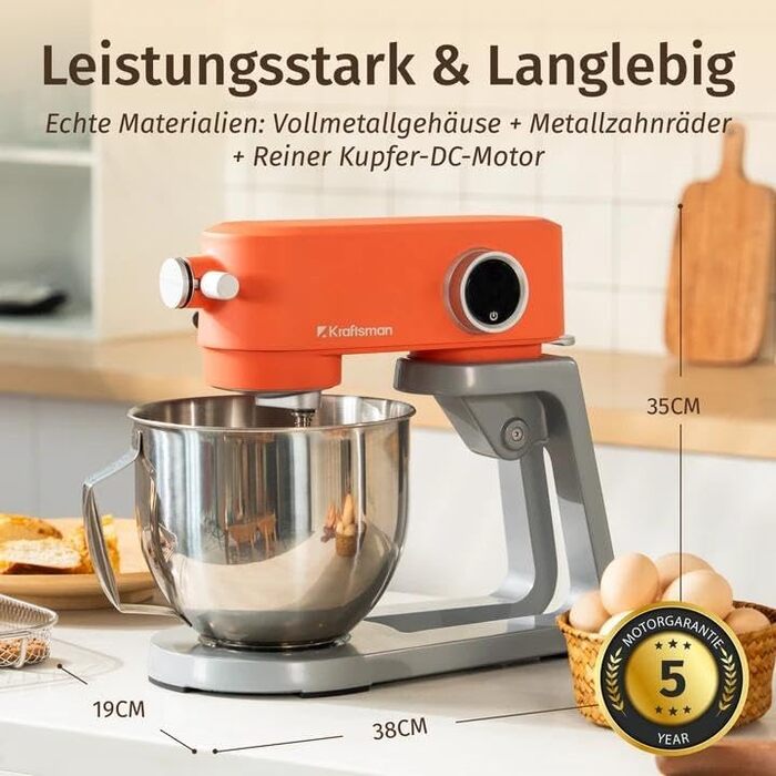 Кухонна машина 5л з місткою чашею з нержавіючої сталі, для тіста, піци, з таймером та 8 рівнями швидкості, з набором насадок (міксер, гак для тіста, вінчик)