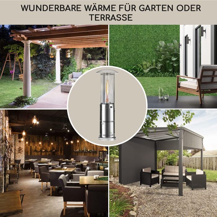 Газовий обігрівач Blumfeldt Gas для тераси, саду та балкону, 360° огляд полум'я, газовий нагрівач для вулиці з електричним запалюванням, обігрівач для тераси з роликами, срібно-золотий, модель Deluxe (Газовий балон не входить у комплект)