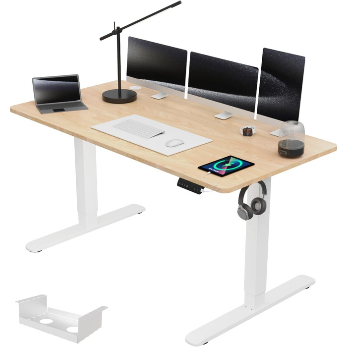 Регульований за висотою стіл Airfish з USB-портом, електричний, з органайзером для кабелів, комп'ютерний/офісний стіл, стоячий стіл з нагадуванням про сидячий режим, 160x80 см, Бежево-білий