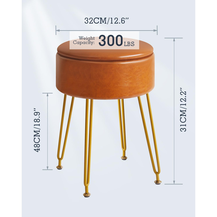 Пуф-табуретка з велюру круглої форми, золоті ніжки, для макіяжу та відпочинку, L/G-30P (з ящиком для зберігання, світло-коричневий)